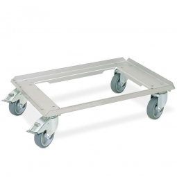 Edelstahl-Transportroller für 600x400 mm Behälter, 4 Lenkrollen davon 2 mit Feststellbremse, 100 mm Gummi-Rad, Deck offen, Tragkraft 250 kg