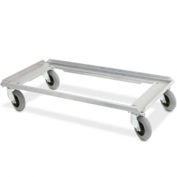 Alu-Flüster-Roller für Stapelbehälter 800x400 mm, 100 mm PU-Rad, Deck offen, Tragkraft 250 kg