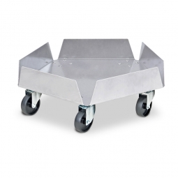 Aluminium-Tonnenroller mit verzinkten Lenkrollen, und 5 schwarzen Kunststoffrädern Ø 75 mm. Tragkraft 250 kg.