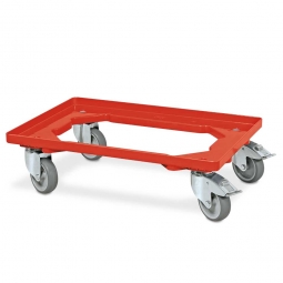 ABS-Kunststoff-Transportroller für 600x400 mm Eurobehälter, rot, 4 Lenkrollen, 2 mit Feststellbremse, 100 mm Gummi-Rad, Deck offen, Tragkraft 250 kg