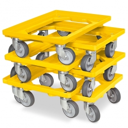 6x ABS-Kunststoff-Transportroller im Spar-Set, für Kästen, Körbe, Kartons 600x400 mm, gelb, 100 mm Gummi-Rad, Deck offen, Tragkraft 250 kg