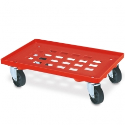 ABS-Kunststoff-Transportroller für 600x400 mm Eurobehälter, Edelstahl Lenkrollen, 100 mm Kunststoff-Rad in schwarz, Gitterdeck rot, Tragkraft 250 kg