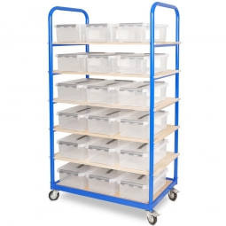 Etagenwagen mit 6 Ebenen, BxTxH 1050x500x1690 mm, 4 Lenkrollen, 2 Rollen mit Feststellbremse, bestückt mit 18 Clipboxen je 12 Liter