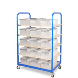 Etagenwagen mit 5 Ebenen, BxTxH 1050x500x1450 mm, 4 Lenkrollen, 2 Rollen mit Feststellbremse, bestückt mit 15 Clipboxen je 12 Liter