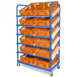 Schrägboden-Regalwagen mit 6 Ebenen, BxTxH 1050x500x1690 mm, 4 Lenkrollen, 2 Rollen mit Feststellbremse, bestückt mit 12 Euroboxen BxTxH 600x400x150 mm, durchbrochen, mit Durchfassgriffen