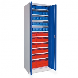Schrank - BxTxH 600x500x1800 mm mit Türen in enzianblau RAL 5010, Regalkästen - LxBxH 400x91x81 mm blau + LxBxH 400x183x81 mm rot