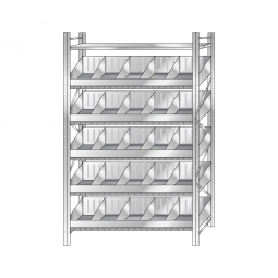 Schüttgutregal, Stecksystem, BxTxH 1590x525x3000 mm, 5 Ebenen, 20 Schüttfächer, 3 Fachböden, glanzverzinkt
