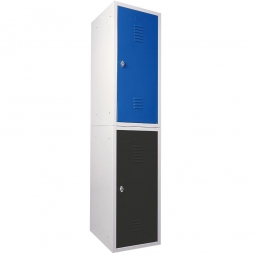2er-Set halbhoher Spind/Schließfach-Schrank aus Stahlblech, BxTxH 415x490x900 mm, Korpus lichtgrau/Türen enzianblau und anthrazit