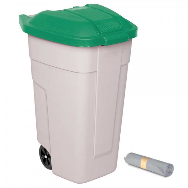 Rolleimer 100 Liter + GRATIS 50 Müllsäcke, BxTxH 510 x 550 x 850 mm, Korpus beige, Deckel grün