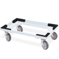 ABS-Kunststoff-Transportroller für 600x400 mm Drehstapelbehälter, weiß, mit Stapelecken, 100 mm Gummi-Rad, Deck offen, Tragkraft 250 kg