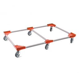 Transportroller "VARIO" für Euro-Stapelbehälter 1200x800 mm, grau-rot, 6 Lenkrollen, graue Gummiräder