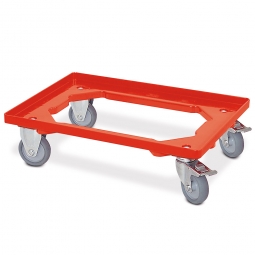 ABS-Kunststoff-Transportroller für 600x400 mm Eurobehälter, rot, 2 Bock- und 2 Lenkrollen mit Feststellbremse, 100 mm Gummi-Rad, Deck offen, Tragkraft 250 kg