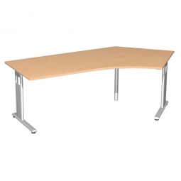 Schreibtisch ELEGANCE 135° rechts, feste Höhe, Dekor Buche, Gestell Silber, BxTxH 2166x800/1130x720 mm