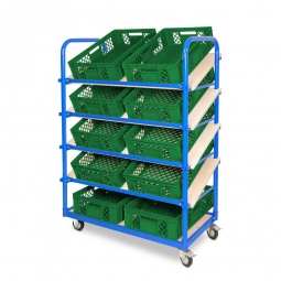 Schrägboden-Regalwagen mit 5 Ebenen, BxTxH 1050x500x1450 mm, 2 Lenk- (mit Feststellbremse) u. 2 Bockrollen, bestückt mit 10 Euroboxen BxTxH 600x400x150 mm, durchbrochen, mit Durchfassgriffen