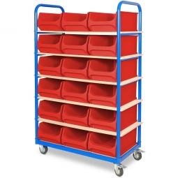 Etagenwagen mit 6 Ebenen, BxTxH 1050x500x1690 mm, 2 Lenk- (mit Feststellbremse) u. 2 Bockrollen, bestückt mit 18 roten Sichtboxen 