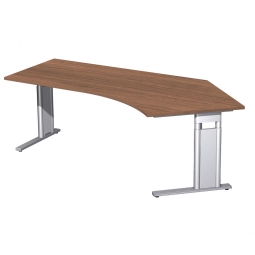 Schreibtisch PREMIUM höhenverstellbar, 135° rechts, Nussbaum/Silber, BxTxH 2166x800/1130x680-820 mm