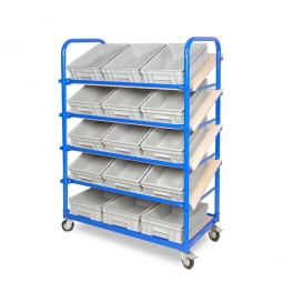 Schrägboden-Regalwagen mit 5 Ebenen, BxTxH 1050x500x1450 mm, 4 Lenkrollen, 2 Rollen mit Feststellbremse, bestückt mit 15 Euroboxen BxTxH 400x300x120 mm, mit Griffleisten