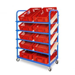 Schrägboden-Regalwagen mit 5 Ebenen, BxTxH 1050x500x1450 mm, 4 Lenkrollen, 2 Rollen mit Feststellbremse, bestückt mit 10 Euroboxen BxTxH 600x400x150 mm, durchbrochen, mit Durchfassgriffen