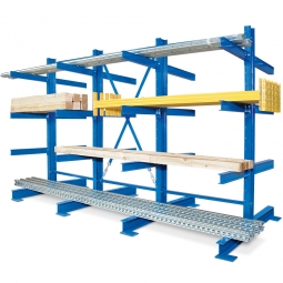 Kragarmregal, blau kunststoffbeschichtet, BxTxH 3100x1340x2000 mm, doppelseitig, 3 Regalfelder, (2x4) 8 Ebenen, Tragkraft/Fachebene 1000 kg