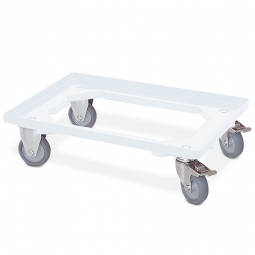ABS-Kunststoff-Transportroller für 600x400 mm Eurobehälter, weiß, 2 Bock- und 2 Lenkrollen mit Feststellbremse, 100 mm Gummi-Rad, Deck offen, Tragkraft 250 kg