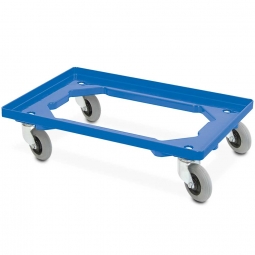 ABS-Kunststoff-Flüster-Roller für Euro-Stapelbehälter 600x400 mm, blau, 100 mm PU-Rad, Deck offen, Tragkraft 250 kg