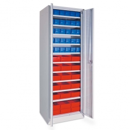 Schrank - BxTxH 600x500x1800 mm mit Türen in lichtgrau RAL 7035, Regalkästen - LxBxH 400x91x81 mm blau + LxBxH 400x183x81 mm rot