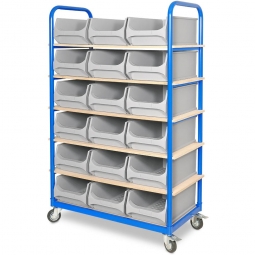 Etagenwagen mit 6 Ebenen, BxTxH 1050x500x1690 mm, 4 Lenkrollen, 2 Rollen mit Feststellbremse, bestückt mit 18 grauen Sichtboxen 