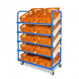 Schrägboden-Regalwagen mit 5 Ebenen, BxTxH 1050x500x1450 mm, 2 Lenk- (mit Feststellbremse) u. 2 Bockrollen, bestückt mit 10 Euroboxen BxTxH 600x400x150 mm, durchbrochen, mit Durchfassgriffen