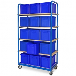 Etagenwagen mit 5 Ebenen, BxTxH 1050x500x1880 mm, 4 Lenkrollen, 2 Rollen mit Feststellbremse, bestückt mit 15 Euroboxen BxTxH 400x300x280 mm, mit Griffleisten