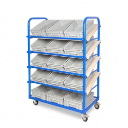 Schrägboden-Regalwagen mit 5 Ebenen, BxTxH 1050x500x1450 mm, 2 Lenk- (mit Feststellbremse) u. 2 Bockrollen, bestückt mit 15 Euroboxen BxTxH 400x300x120 mm, mit Griffleisten