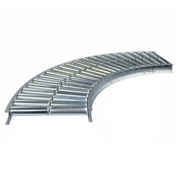 Leicht-Rollenbahnkurve: 45°, Innenradius: 800 mm, Bahnbreite: 300 mm, Achsabstand: 125 mm, Tragrollen Ø 50x1,5 mm