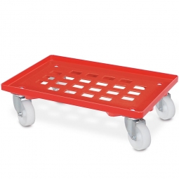 ABS-Kunststoff-Transportroller für 600x400 mm Eurobehälter, 100 mm Kunststoff-Rad in weiß, Gitterdeck rot, Tragkraft 250 kg
