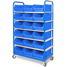 Etagenwagen mit 6 Ebenen, BxTxH 1050x500x1690 mm, 4 Lenkrollen, 2 Rollen mit Feststellbremse, bestückt mit 18 blauen Sichtboxen 