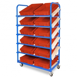Schrägboden-Regalwagen mit 6 Ebenen, BxTxH 1050x500x1690 mm, 2 Lenk- (mit Feststellbremse) u. 2 Bockrollen, bestückt mit 12 Euroboxen BxTxH 600x400x120 mm, mit Griffleisten