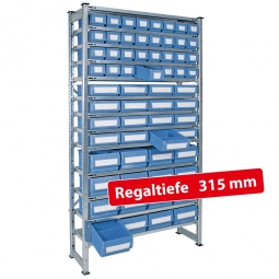 Fachbodensteck-Grundregal, BxTxH 1000x315x2000 mm, 13 Böden, mit 64 Regalkästen, 3 Größen gemischt, Farbe hellblau