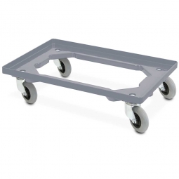 ABS-Kunststoff-Flüster-Roller für Euro-Stapelbehälter 600x400 mm, grau, 100 mm PU-Rad, Deck offen, Tragkraft 250 kg