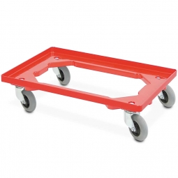 ABS-Kunststoff-Flüster-Roller für Euro-Stapelbehälter 600x400 mm, rot, 100 mm PU-Rad, Deck offen, Tragkraft 250 kg