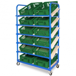 Schrägboden-Regalwagen mit 6 Ebenen, BxTxH 1050x500x1690 mm, 4 Lenkrollen, 2 Rollen mit Feststellbremse, bestückt mit 12 Euroboxen BxTxH 600x400x150 mm, durchbrochen, mit Durchfassgriffen