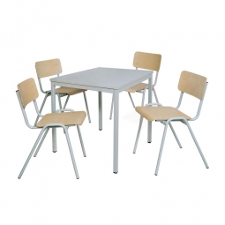 5-teilige Sitzgruppe: 4 Stahlrohr-Stühle + 1 Kantinentisch, LxBxH 800x800x750 mm, lichtgrau