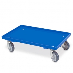 Transportroller für 600x400 mm Eurobehälter, geschlossenes Deck, mit 4 Lenkrollen und grauen Gummirädern, Tragkraft 250 kg, blau