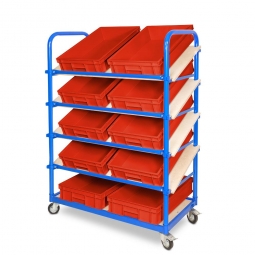 Schrägboden-Regalwagen mit 5 Ebenen, BxTxH 1050x500x1450 mm, 4 Lenkrollen, 2 Rollen mit Feststellbremse, bestückt mit 10 Euroboxen BxTxH 600x400x120 mm, mit Griffleisten