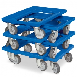 6x ABS-Kunststoff-Transportroller im Spar-Set, für Kästen, Körbe, Kartons 600x400 mm, blau, 100 mm Gummi-Rad, Deck offen, Tragkraft 250 kg