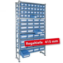 Fachbodensteck-Grundregal, BxTxH 1000x415x2000 mm, 13 Böden, mit 64 Regalkästen, 3 Größen gemischt, Farbe hellblau