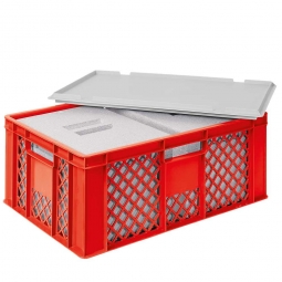 2 EPS-Thermoboxen im Stapelkorb mit Deckel, LxBxH 600x400x240 mm, roter Korb, grauer Deckel