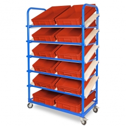 Schrägboden-Regalwagen mit 6 Ebenen, BxTxH 1050x500x1690 mm, 4 Lenkrollen, 2 Rollen mit Feststellbremse, bestückt mit 12 Euroboxen BxTxH 600x400x120 mm, mit Griffleisten