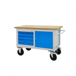 Werkstatt- und Montagewagen mit 1 Tür und 4 Schubladen in blau, LxBxH 1300x600x830 mm, Tragkraft 500 kg