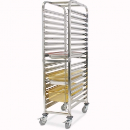 Transportwagen für GN-Behälter aus Edelstahl, BxTxH 380x550x1735 mm, 4 Gummilenkrollen mit Feststellbremse