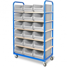Etagenwagen mit 6 Ebenen, BxTxH 1050x500x1690 mm, 2 Lenk- (mit Feststellbremse) u. 2 Bockrollen, bestückt mit 18 grauen Sichtboxen 