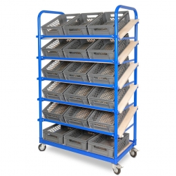 Schrägboden-Regalwagen mit 6 Ebenen, BxTxH 1050x500x1690 mm, 4 Lenkrollen, 2 Rollen mit Feststellbremse, bestückt mit 18 Euroboxen BxTxH 400x300x125 mm, durchbrochen, mit Durchfassgriffen