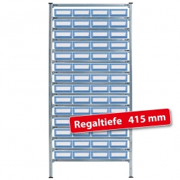 Fachbodensteck-Grundregal, BxTxH 1000x415x2000 mm, 15 Böden, mit 56 Regalkästen LxBxH 400x234x90 mm, Farbe hellblau